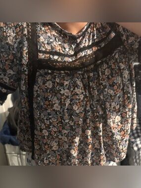 AE Floral Lace-Trim Smocked Waist Peasant Top - Black/Multicolor